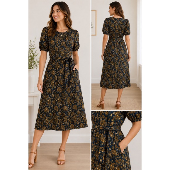 Boden Dresses & Skirts - Boden Paisley Belted Midi Dress BluePuff Sleeve Cottagecore Pockets Ruched 6
